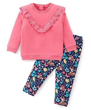 Babyhug 100% Cotton Knit Full Sleeves Solid Colour Frill Detailing Top With Floral Print  Pant Set - Pink & Navy Blue