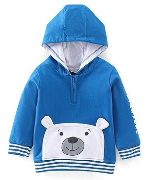 Babyhug Cotton Knit Full Sleeves Hooded Sweatshirt With Bear Graphics - Blue