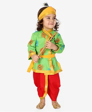 KID1 Full Sleeves Janmashtami Theme Peacock Feather Printed Angrakha Kurta & Dhoti Krishna Costume Set - Green