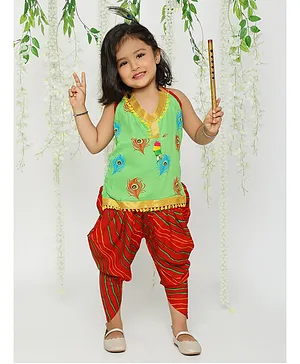 KID1 Sleeveless Janmashtami Theme Peacock Feather Printed  Kurta & Striped Dhoti Krishna Costume Set -  Green
