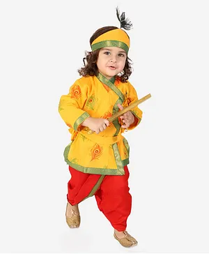 KID1 Full Sleeves Janmashtami Theme Peacock Feather Printed Angrakha Kurta Dhoti Krishna Costume Set - Yellow