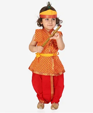 KID1 Janmashtami Theme Sleeveless Motif Printed & Laced Embellished Krishna Set - Yellow & Red