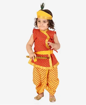 KID1 Janmashtami Theme Sleeveless Motif Printed & Laced Embellished Krishna Set - Red & Yellow
