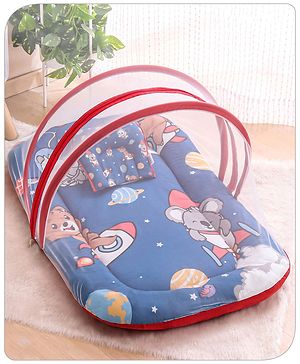 Babyhug Cotton Bedding Set with Mosquito Net Animal Astronaut Print - Navy Blue