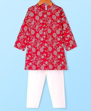 Babyhug Cotton Woven Floral Printed Full Sleeves Kurta & Pyjama Set- Red