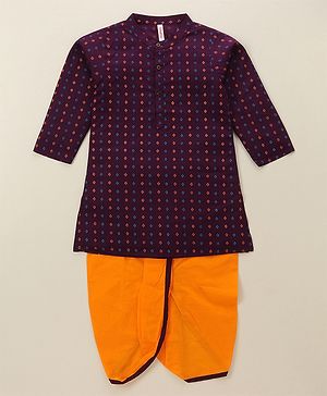 Babyhug Cotton Woven Full Sleeves Kurta & Dhoti Set Square Print - Purple & Orange