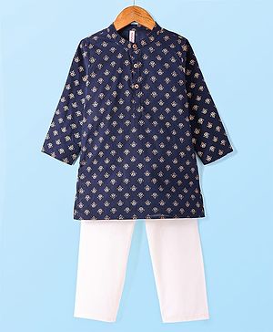 Babyhug Cotton Woven Full Sleeves Foil Printed Kurta & Pyjama Set - Navy Blue