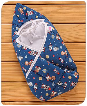 Babyhug Hooded Quilted Cotton Wrapper with Animal Astronaut Print- Navy Blue