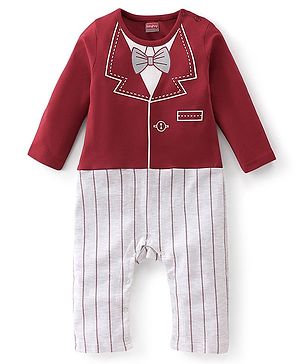 Babyhug Cotton Knit Full Sleeves Romper with Blazer Design - Red & White