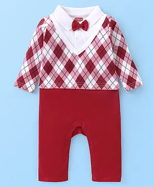 Babyhug 100% Cotton Knit Full Sleeves Party Romper Checked Design & Bow Detailing - Red