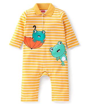 Babyhug 100% Cotton Interlock Knit Romper Stripes & Frog Print - Yellow