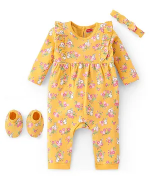 Babyhug 100% Cotton Interlock Knit Sleeves Full Sleeves Romper with Headband & Booties Floral Print - Yellow