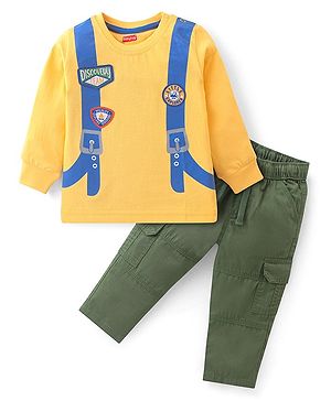 Babyhug Cotton Knit Full Sleeves T-Shirt & Lounge Pant Set with Applique - Yellow & Green