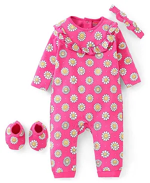 Babyhug 100 % Cotton Floral Printed Full Sleeves  Romper with Hairband & Booties - Pink