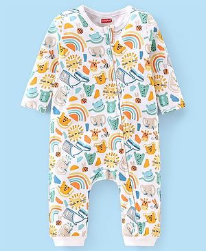 Babyhug 100% Cotton Knit Full Sleeves Rainbow & Kitty Printed Romper - Multicolour