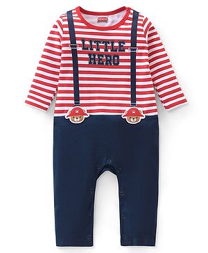 Babyhug 100% Cotton Knit Full Sleeves Striped Romper with Teddy Applique & Text Print - Red & Navy Blue
