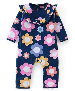 Babyhug 100% Cotton Interlock Knit Full Sleeves Romper Floral Print - Navy Blue