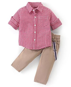 Babyhug 100% Cotton Woven Full Sleeves Checekered Shirt and Jeans With Suspender - Red & Beige
