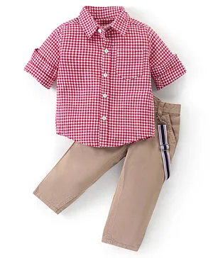 Babyhug 100% Cotton Woven Full Sleeves Checekered Shirt and Jeans With Suspender - Red & Beige