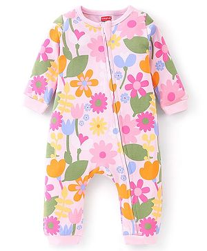 Babyhug 100% Cotton Knit Full Sleeves Floral Print Romper - Multicolour