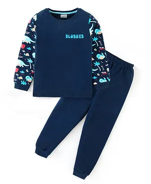 BLUSHES Full Sleeve Dinosaurs & Bones Placement Printed Tee With Pyjama - Nvay Blue