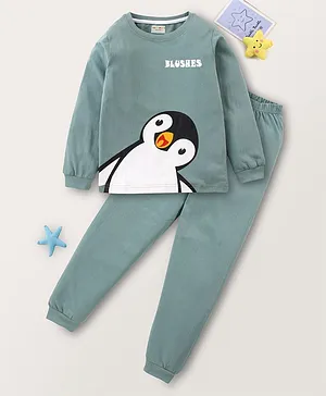 BLUSHES Full Sleeve Baby Penguin Printed Tee With Pyjama - Green