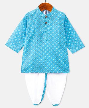 Babyhug Cotton Woven Full Sleeves Kurta & Dhoti Set Square Print - Blue & White