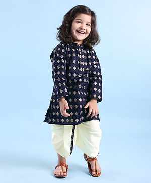 Babyhug 100% Cotton Knit Foil Printed Full Sleeves Kurta with Dhoti Set - Navy Blue