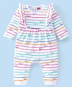 Babyhug 100% Cotton Interlock Knit Full Sleeves Romper Stripes & Text Print - White