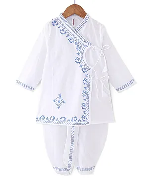 Babyhug 100% Cambric Full Sleeve Embroidered Angarakha Kurta With Dhoti Set - White
