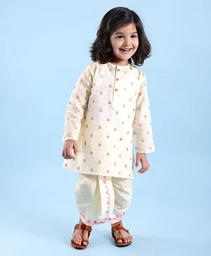 Babyoye 100% Cotton Woven Full Sleeves with Eco Jiva Finish All Over Floral Embroidered Kurta Dhoti Set - Off White
