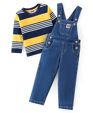 Babyhug Denim Dungaree and Full Sleeves Striped T-Shirt Set - Yellow & Blue