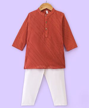 Babyhug Cotton Handloom Dobby Full Sleeves Kurta & Pyjama Set - Red & White