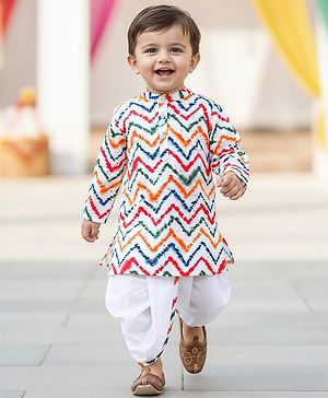 Babyhug Cotton Woven Full Sleeves Printed Kurta & Dhoti Set - White