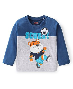 Babyhug 100% Cotton Knit Full Sleeves T-Shirt with Tiger Graphics - Navy Blue & White Melange