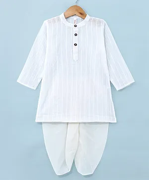 Babyhug Cotton Woven Full Sleeves Embroidered Stripes Handloom Dobby Kurta & Dhoti Set - White