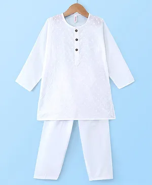 Babyhug Cotton Schiffly Full Sleeves Kurta & Payjama Set - White
