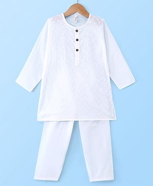 Babyhug Cotton Schiffly Full Sleeves Kurta & Payjama Set - White