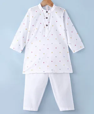 Babyhug 100% Cotton Full Sleeves Schiffly Kurta Payjama Set-  White