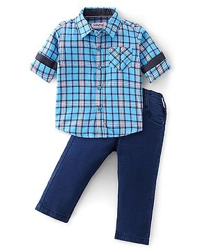 Babyhug Full Sleeves Checkered Shirt & Denim Jeans - Blue