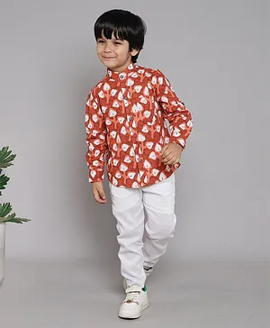 BAATCHEET Cotton Full Sleeves Leaf Printed Shirt With Pant - Red
