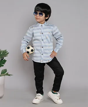 BAATCHEET Cotton Full Sleeves Striped Shirt With Pant - Baby Blue
