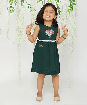 KID1 Sleeves Floral Heart Printed And Laced Embellished Dress - Green