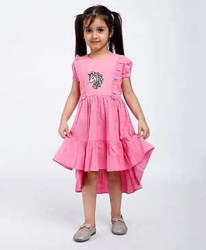 Calin Kids Half Sleeves Unicorn Embroidered High Low Dress - Pink