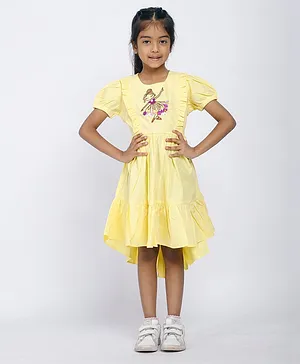 Calin Kids Half Sleeves Unicorn Embroidered High Low Dress - Yellow