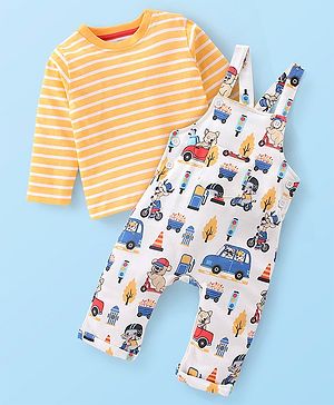 Babyhug 100% Cotton Knit Elephant Print Dungaree with Full Sleeves Stripe Inner Tee - Multicolour
