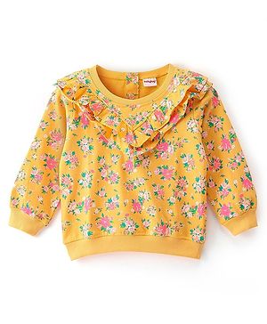 Babyhug 100% Cotton Full Sleeves Sweatshirt With Floral Print & Frill Detailing - Yellow