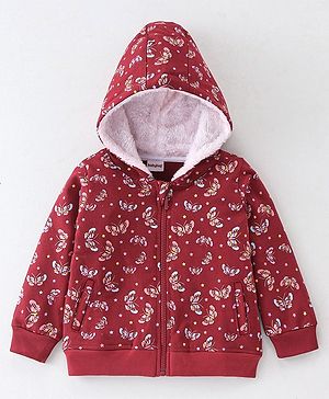 Babyhug 100% Cotton Knit Full Sleeves Hooded Sweatshirt With Butterfly Print - Red