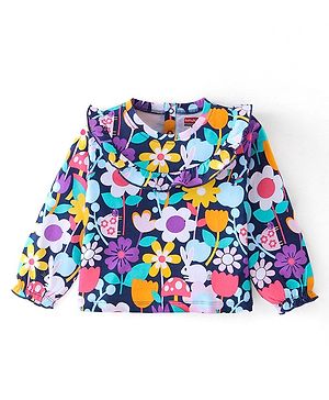 Babyhug Cotton Knit Full Sleeves Top with Floral Print & Frill Detailing - Navy Blue