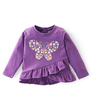 Babyhug 100% Cotton Knit Full Sleeves Top with Butterfly Graphics & Puff Print - Purple